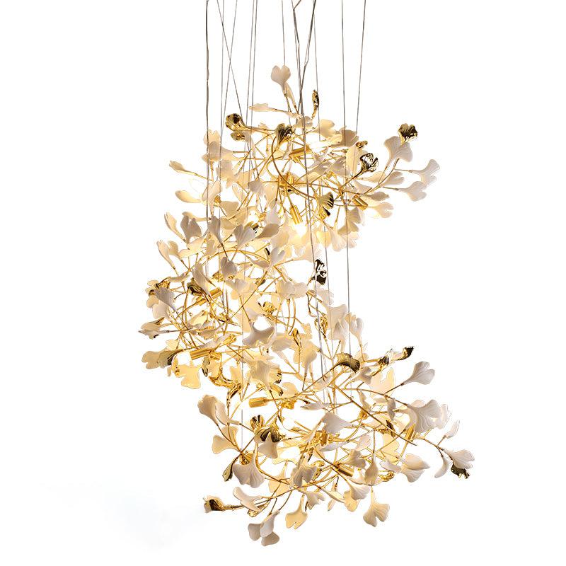 Luxury Ceramic Ginkgo Staircase Long Branch Chandelier